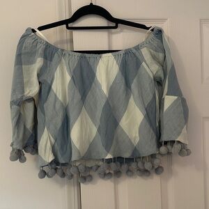 Tularosa Blue and Cream Off-Shoulder cropped Blouse